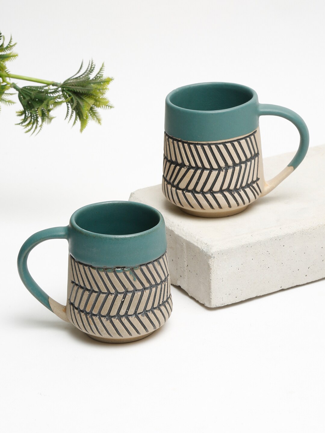

EK BY EKTA KAPOOR Blue & Cream Pack Of 2 Textured Glossy Ceramic Mug 250 ML Each