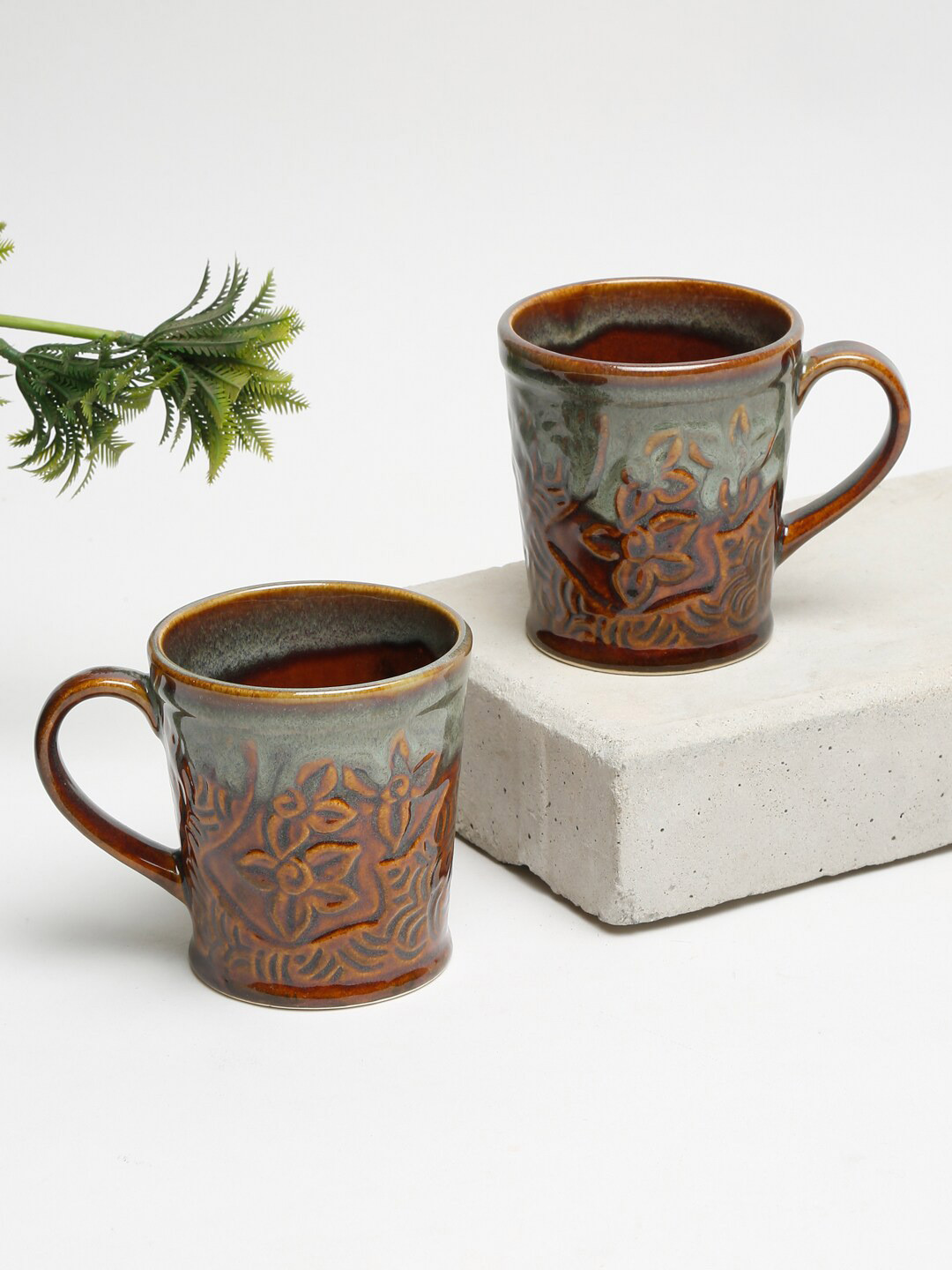 

EK BY EKTA KAPOOR Brown & Grey Pack Of 2 Glazed Textured Ceramic Matte Cups 250 ml Each