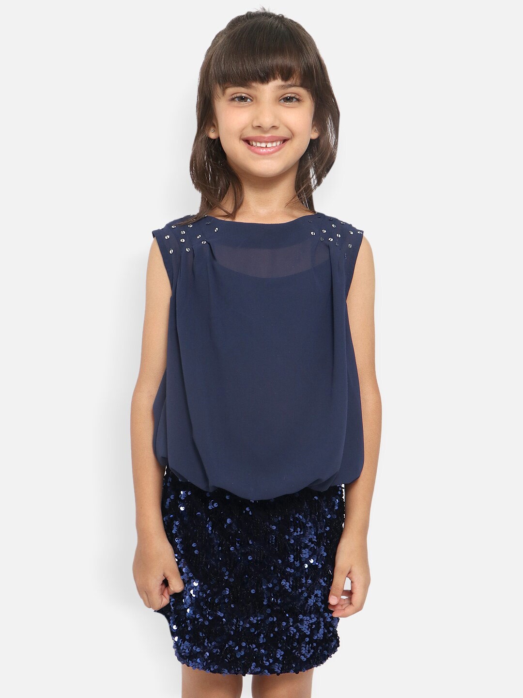

Nauti Nati Navy Blue Embellished Georgette Blouson Dress