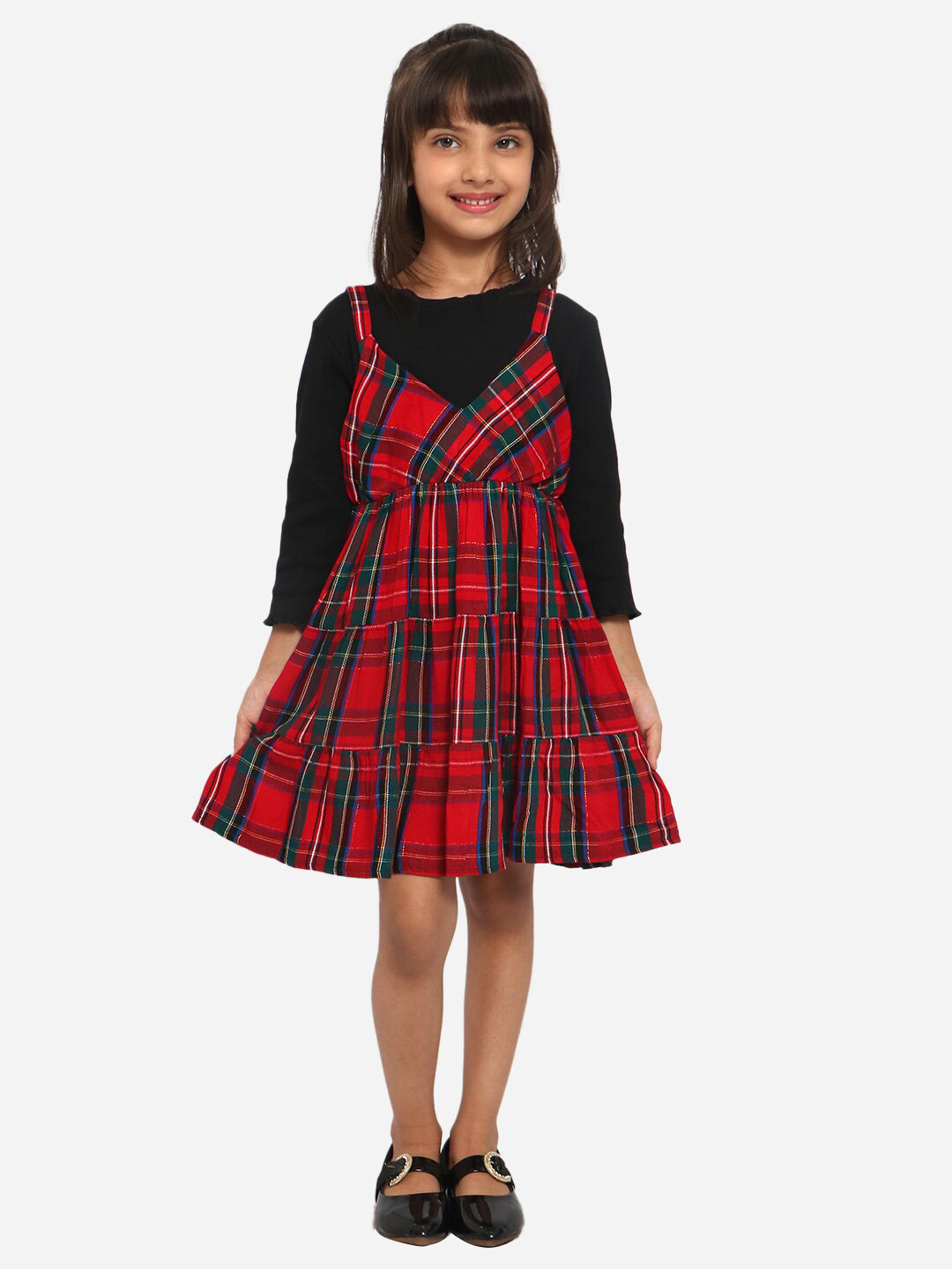 

Nauti Nati Girls Red & Black Checked Pure Cotton Pinafore Dress With Attached Top
