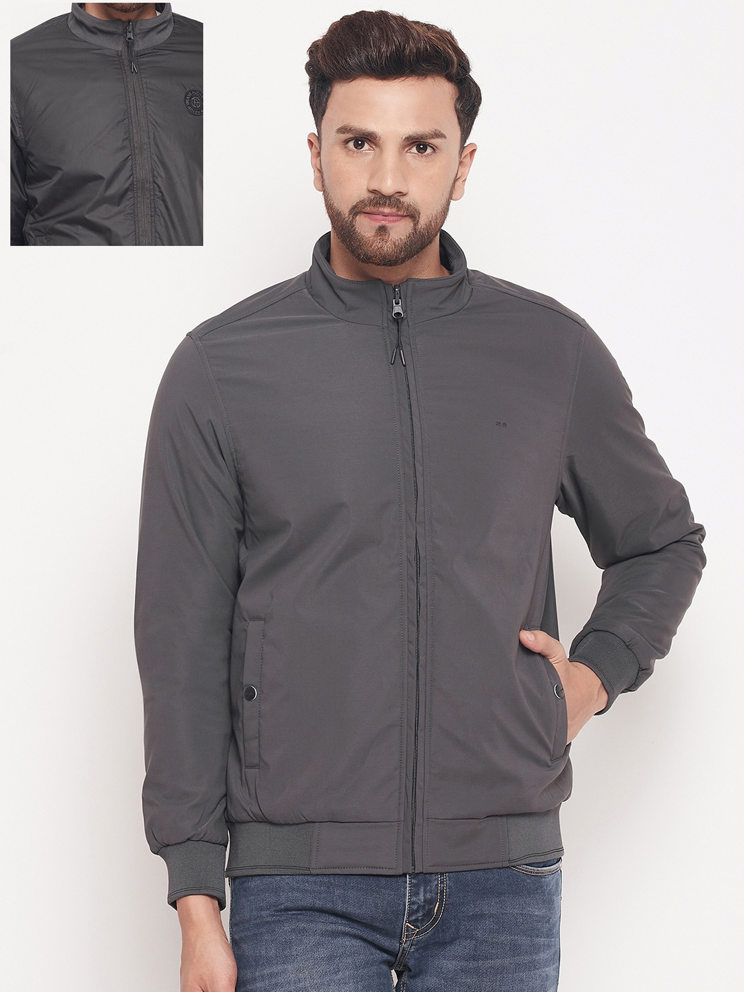 

Okane Men Charcoal Grey & Black Reversible Bomber Jacket