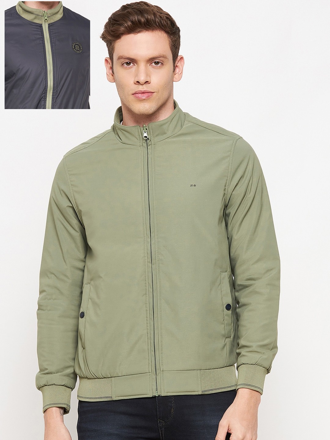 

Okane Men Olive Green Solid Reversible Bomber Jacket