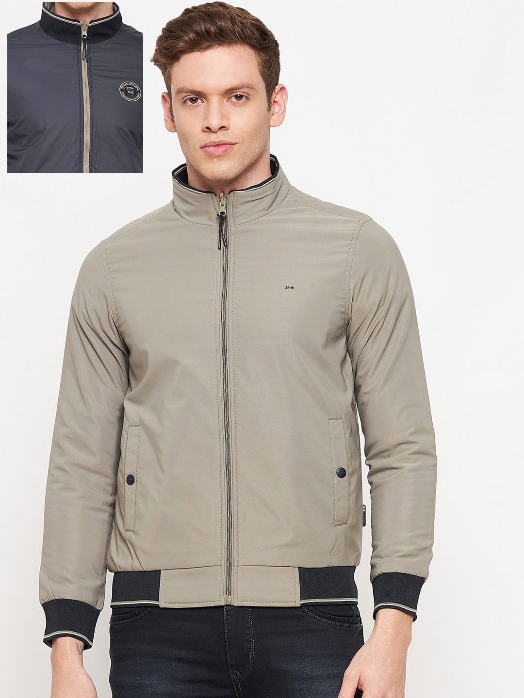 

Okane Plus Size Men Beige & Black Reversible Bomber Jacket