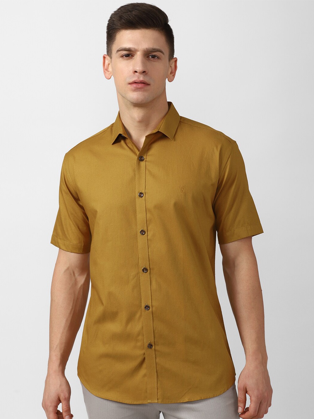 V Dot Men Yellow Solid Pure Cotton Slim Fit Casual Shirt