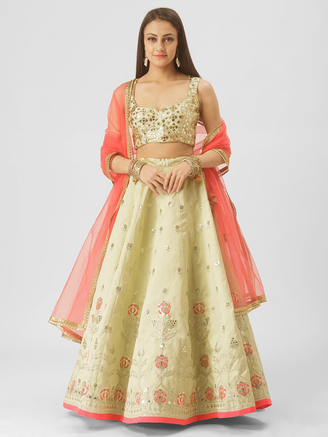 

6Y COLLECTIVE Green Embellished Semi-Stitched Lehenga & Unstitched Blouse With Dupatta