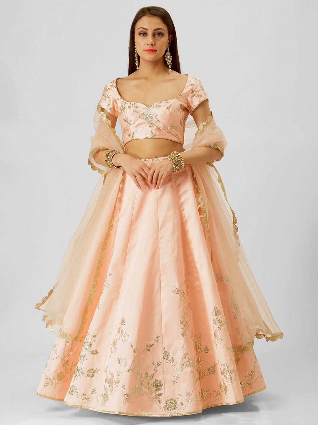 

6Y COLLECTIVE Peach-Coloured & Gold-Toned Embroidered Sequinned Semi-Stitched Lehenga & Unstitched Blouse