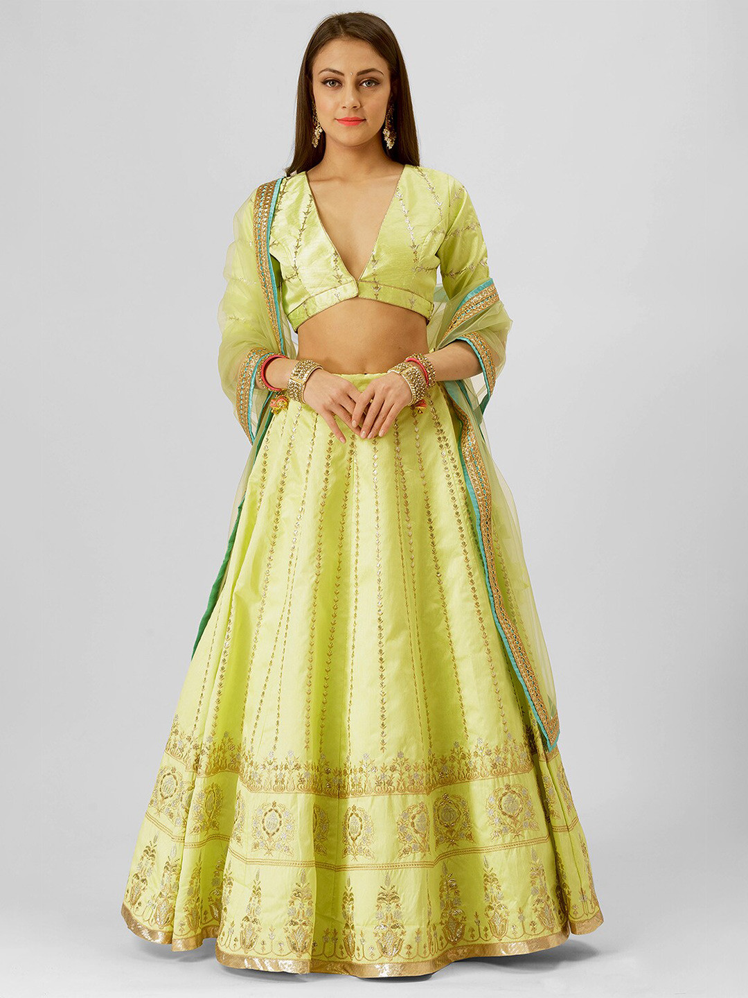 

6Y COLLECTIVE Green & Gold-Toned Embroidered Sequinned Semi-Stitched Lehenga & Unstitched Blouse With