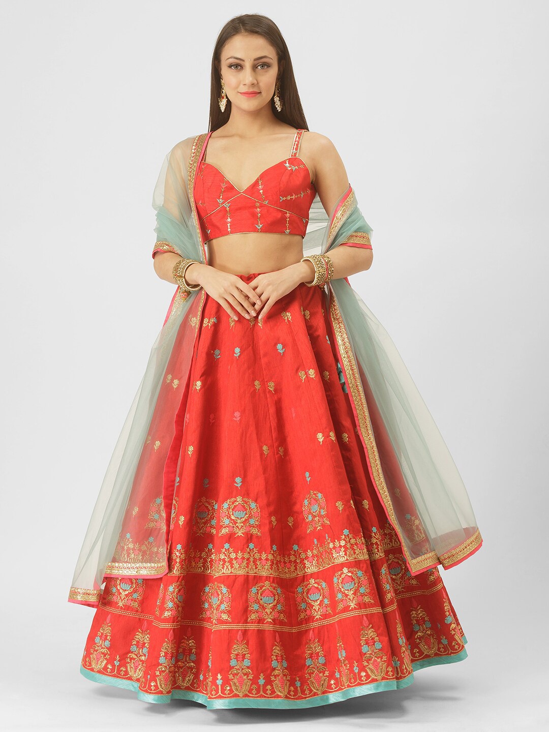 

6Y COLLECTIVE Red & Blue Embroidered Sequinned Semi-Stitched Lehenga & Unstitched Blouse With Dupatta