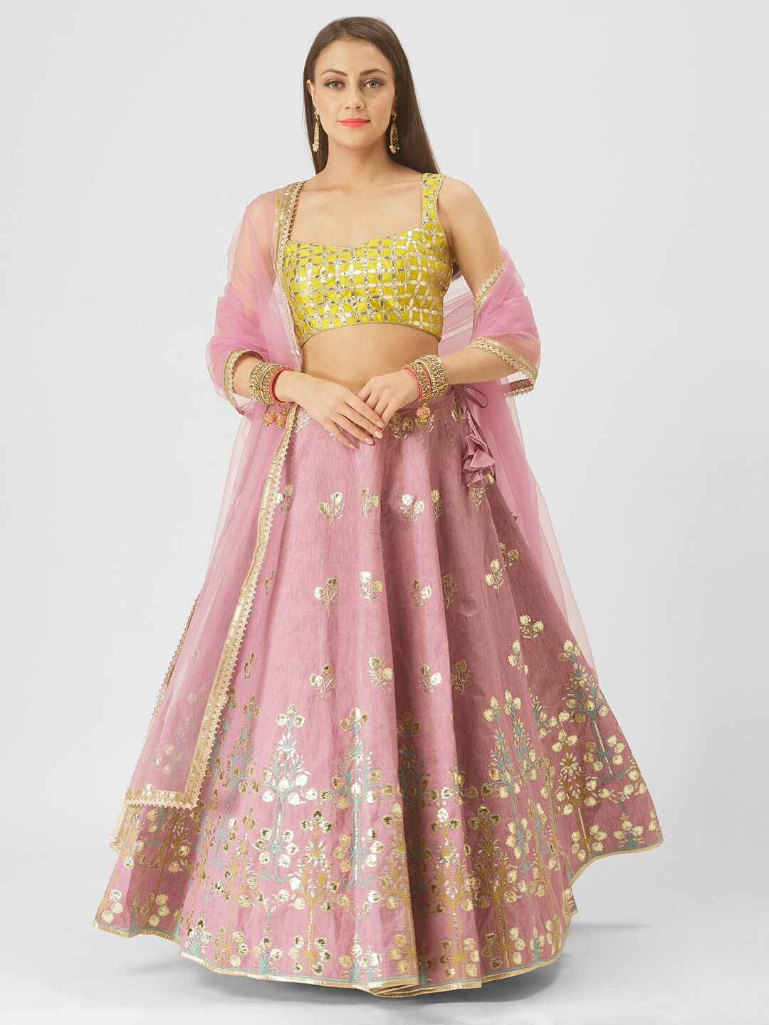 

6Y COLLECTIVE Lavender & Lime Green Embroidered Semi-Stitched Lehenga & Unstitched Blouse With Dupatta