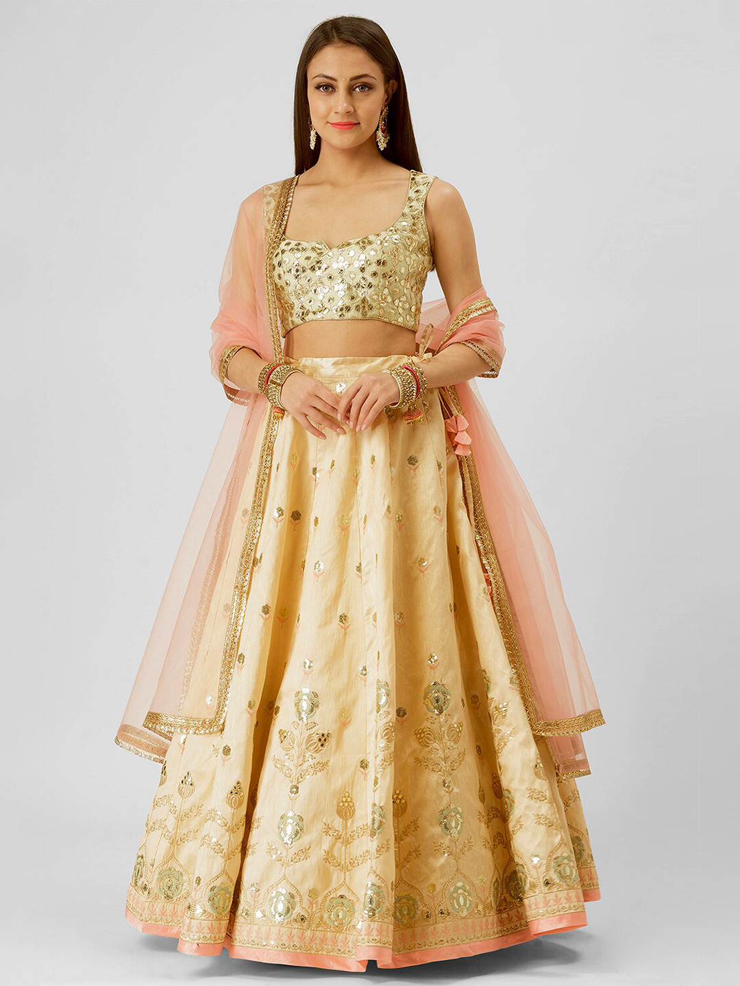 

6Y COLLECTIVE Peach-Coloured & Gold-Toned Embroidered Semi-Stitched Lehenga & Unstitched Blouse With Dupatta