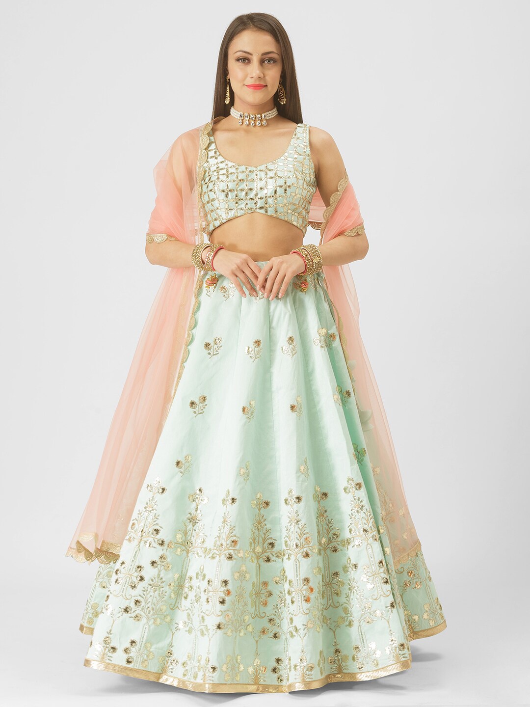 

6Y COLLECTIVE Turquoise Blue & Peach Semi-Stitched Lehenga & Unstitched Blouse & Dupatta