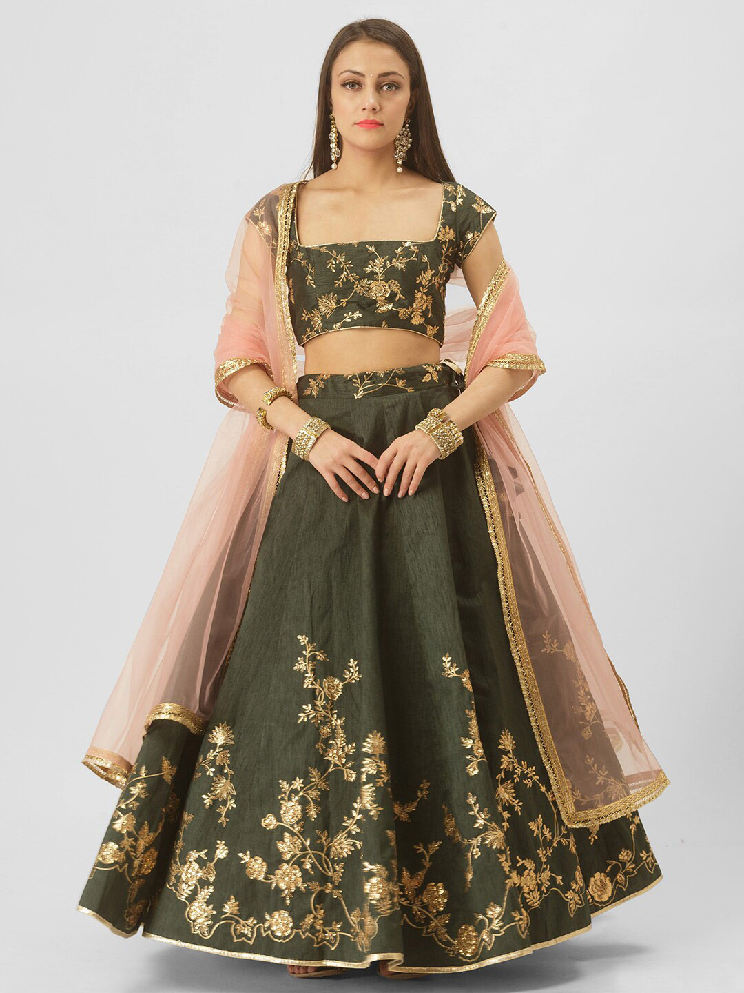 

6Y COLLECTIVE Green & Peach Semi-Stitched Lehenga & Unstitched Blouse With Dupatta