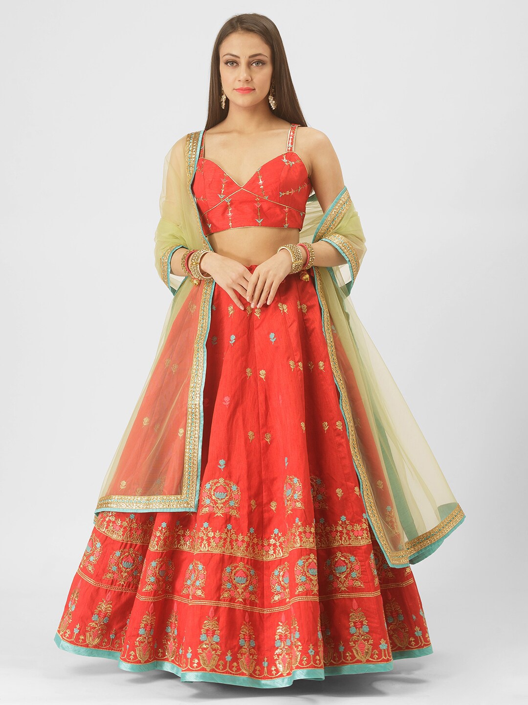 

6Y COLLECTIVE Red Embroidered Semi-Stitched Lehenga & Unstitched Blouse With Dupatta