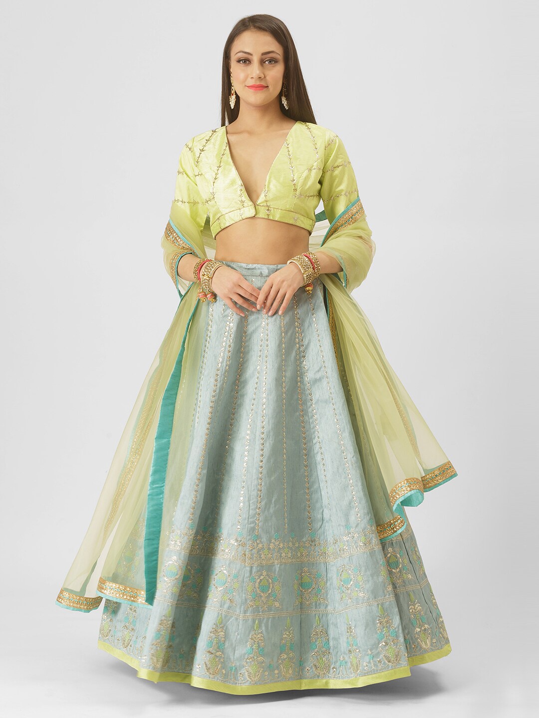 

6Y COLLECTIVE Turquoise Blue Embellished Semi-Stitched Lehenga & Unstitched Blouse With