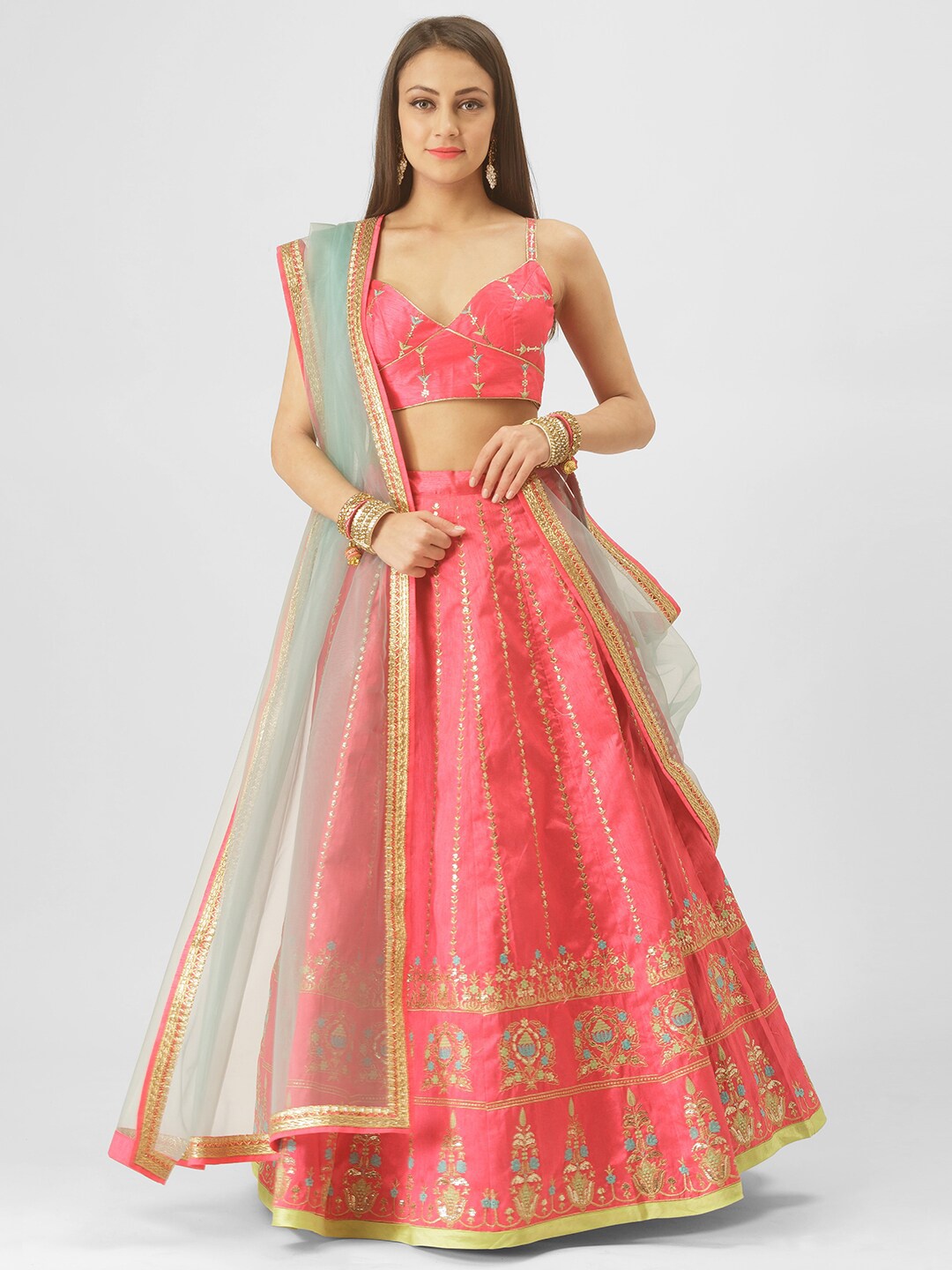 

6Y COLLECTIVE Women Embroidered Sequinned Semi-Stitched Lehenga Set, Pink