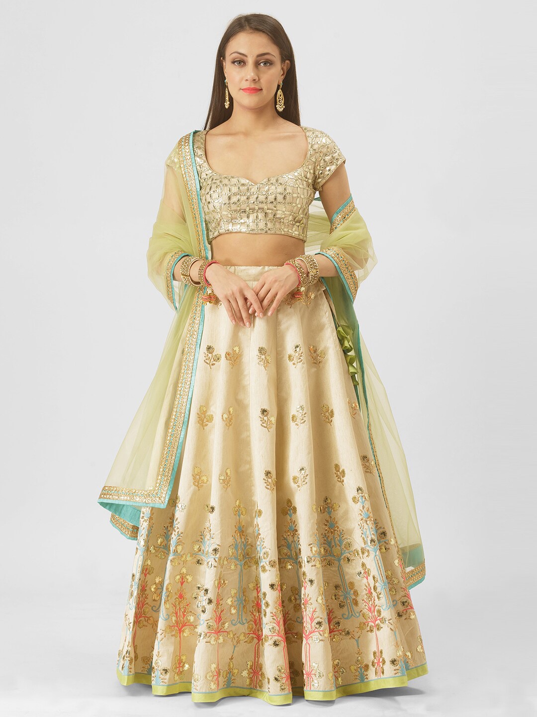 

6Y COLLECTIVE Off White Embellished Semi-Stitched Lehenga & Unstitched Blouse With Dupatta