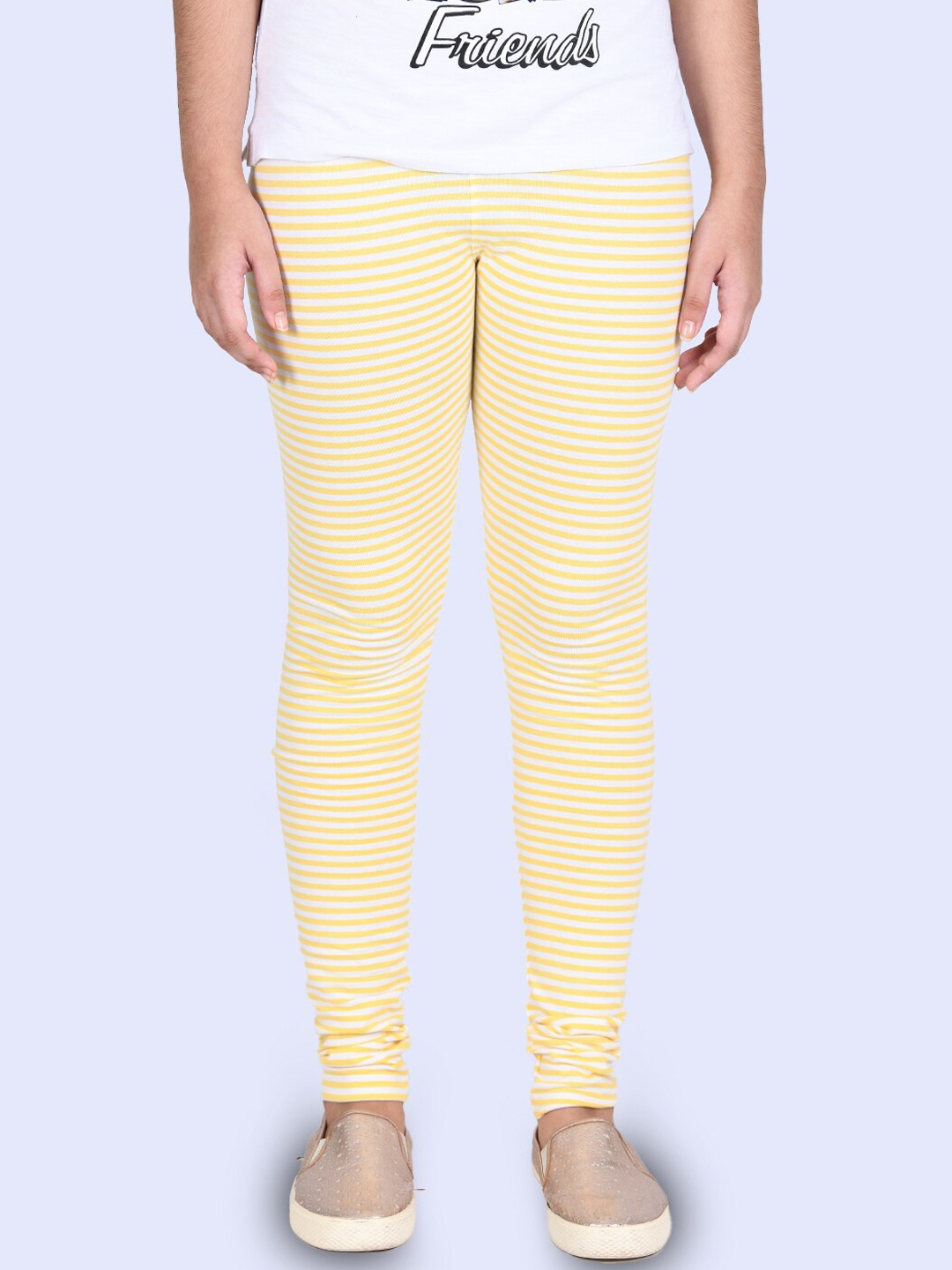 

Zalio Girls Yellow & White Striped Churidar Length Pure Cotton Leggings