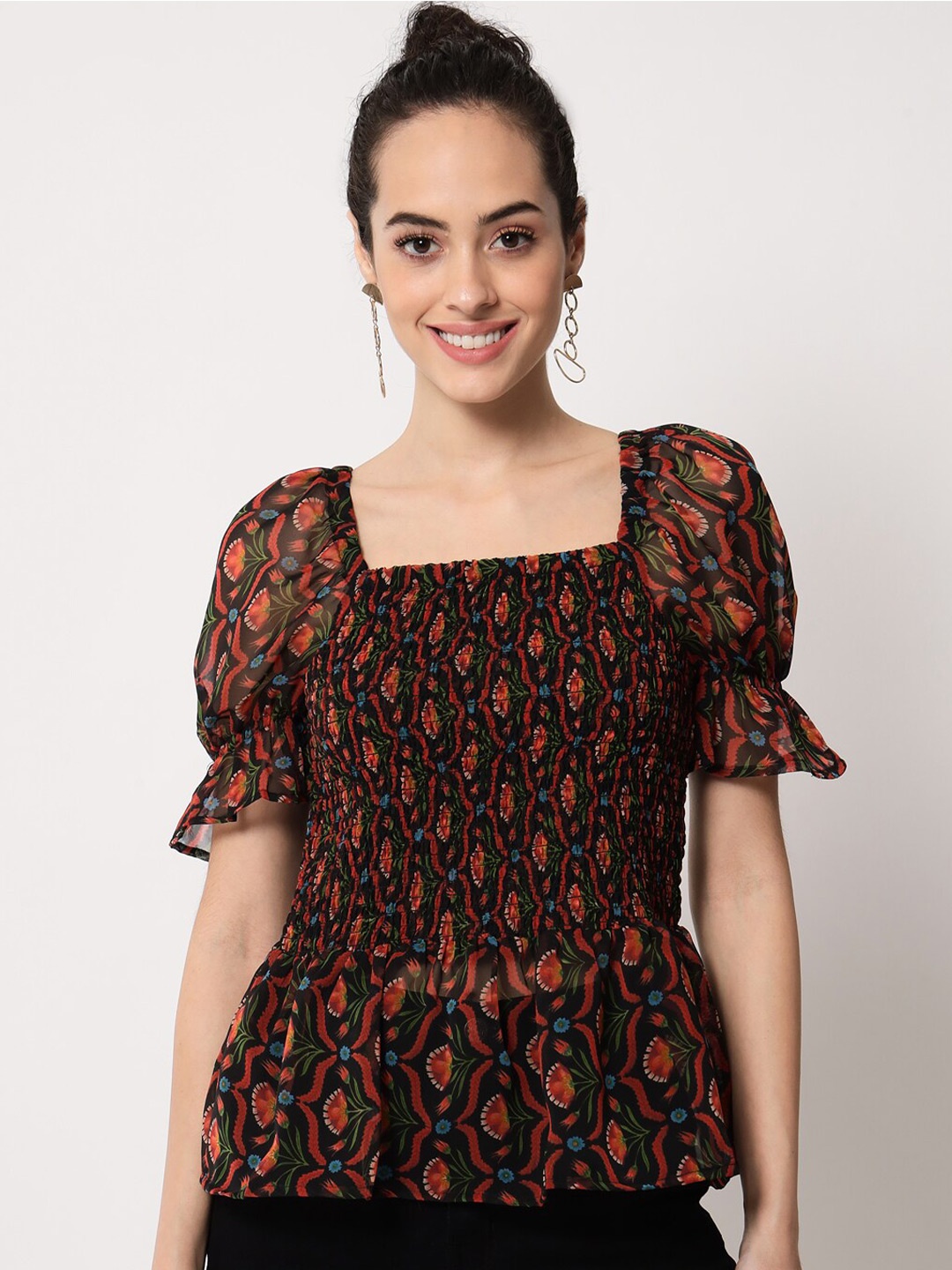 

Trend Arrest Red & Black Floral Print Georgette Smocked Peplum Top