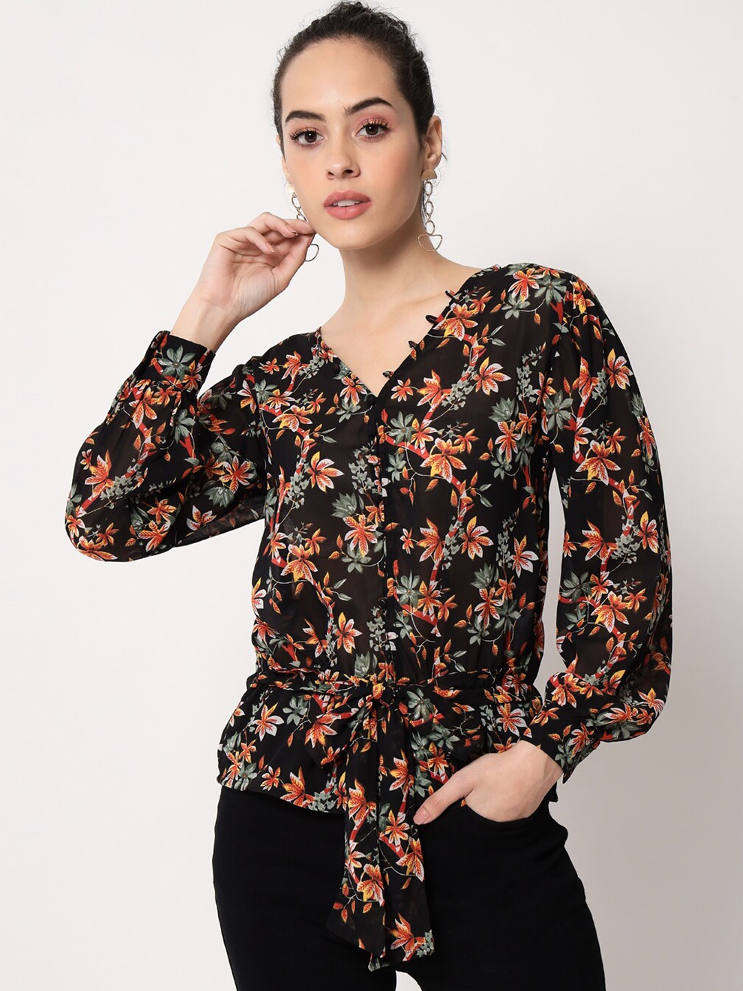 

Trend Arrest Black Floral Print Georgette Shirt Style Top