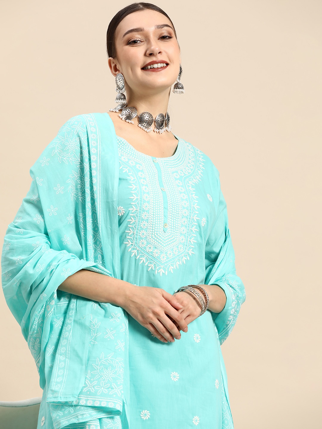 

Sangria Women Turquoise Blue Ethnic Motifs Embroidered Thread Work Pure Cotton Kurta with Trousers & With