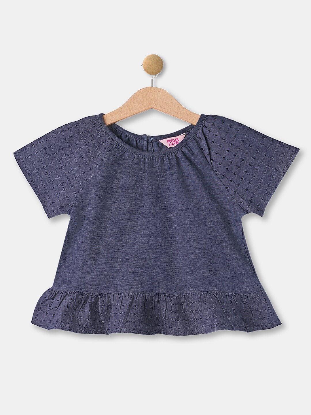 R&B Girls Blue Solid Raglan Sleeves A-Line Pure Cotton Top