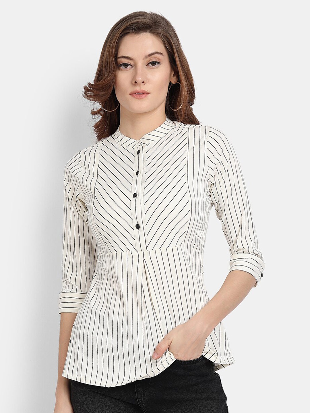 

HK colours of fashion White Shirt Style Striped Top