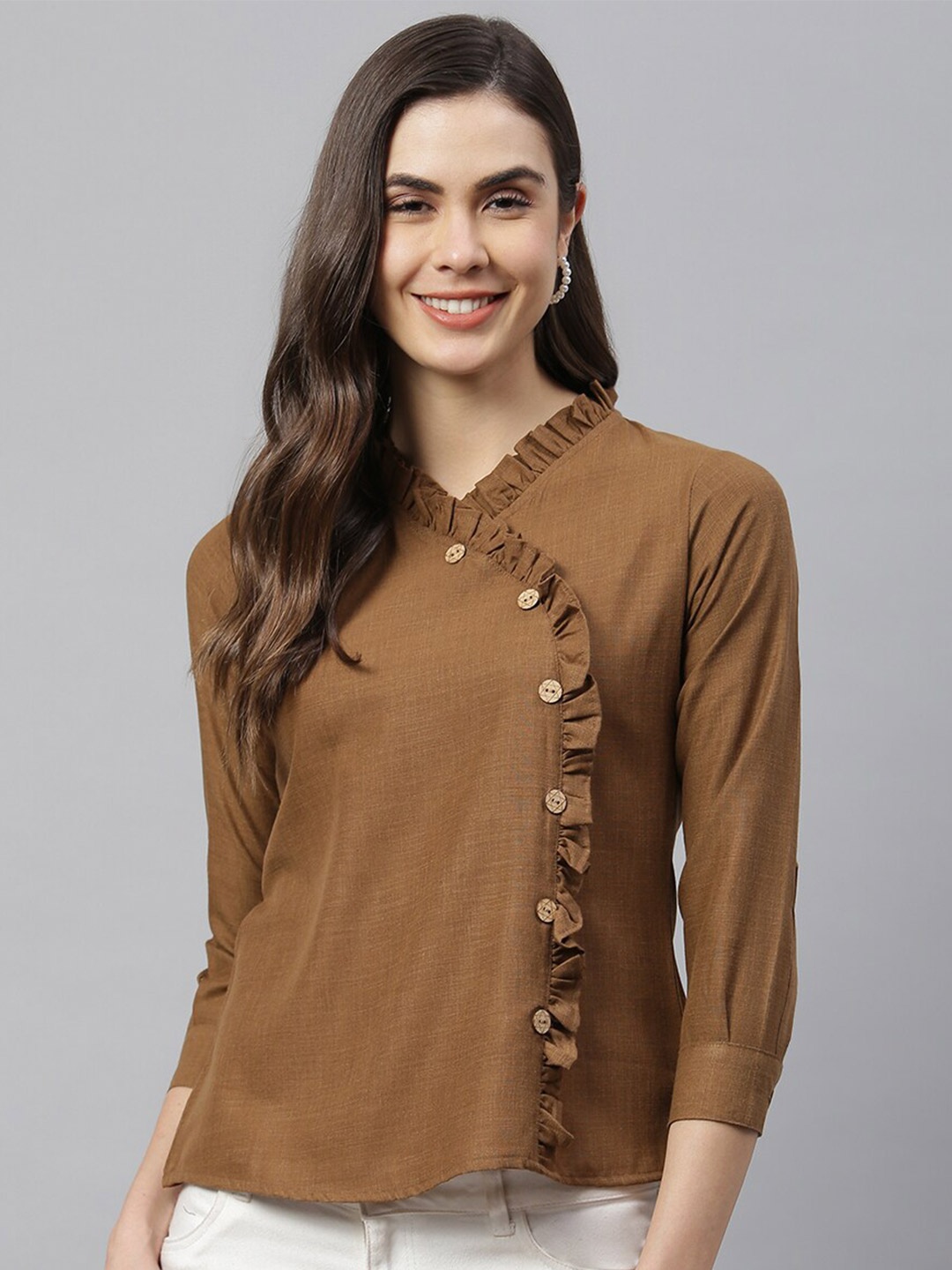 

HK colours of fashion Brown Ruffles Wrap Top