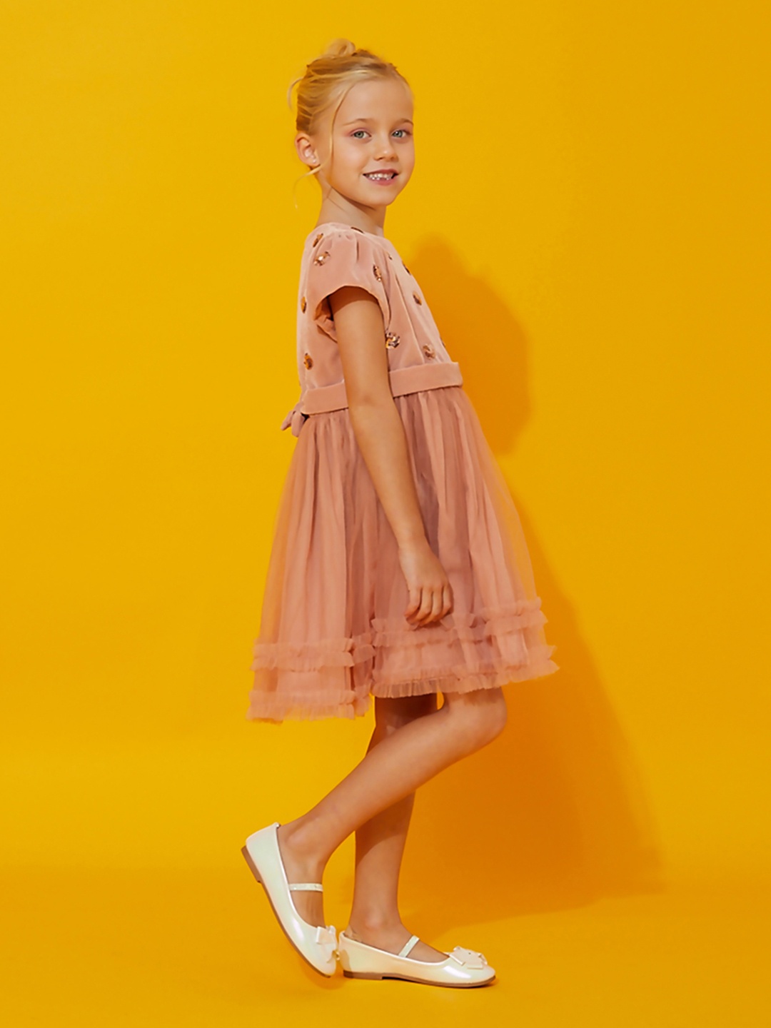 

Cherry Crumble Girls Peach-Coloured Embellished Dress