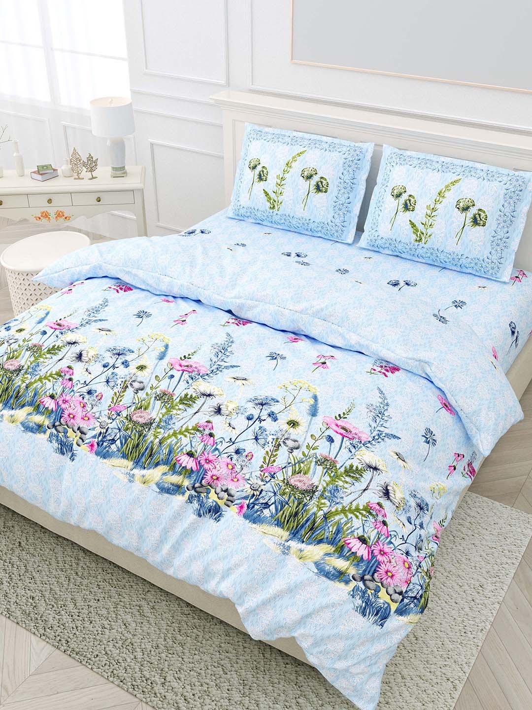 

EasyGoods Blue & Pink Floral 320 TC King Size Bedsheet with 2 Pillow Covers