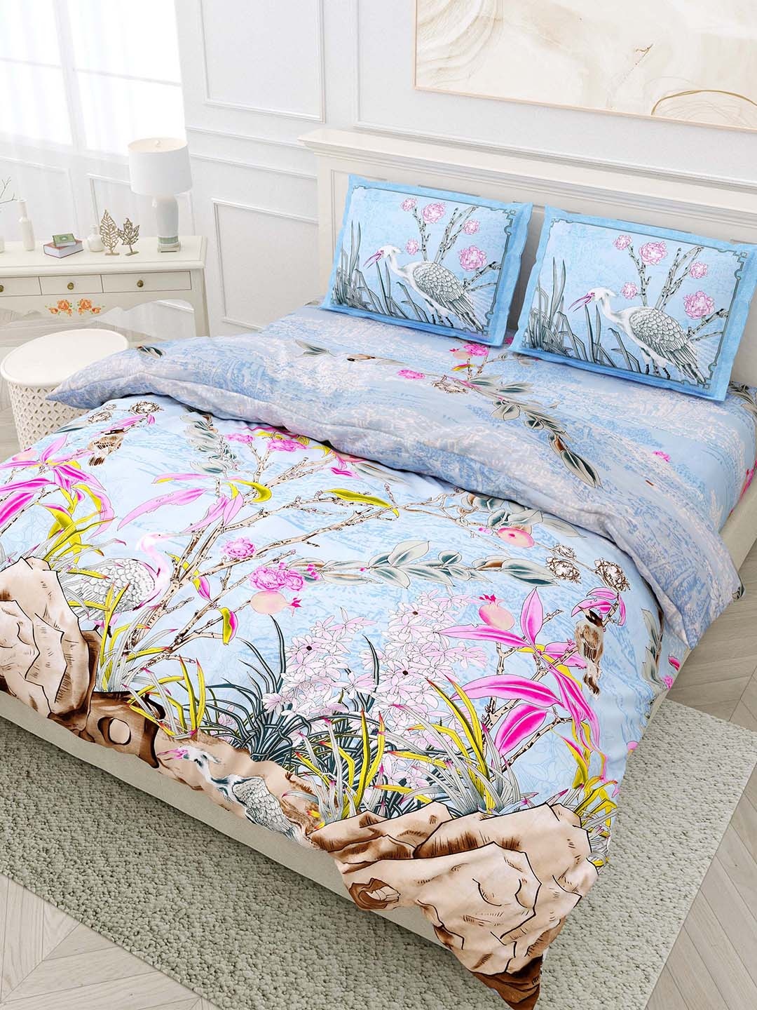 

EasyGoods Blue & Pink Floral 320 TC King-Size Bedsheet with 2 Pillow Covers