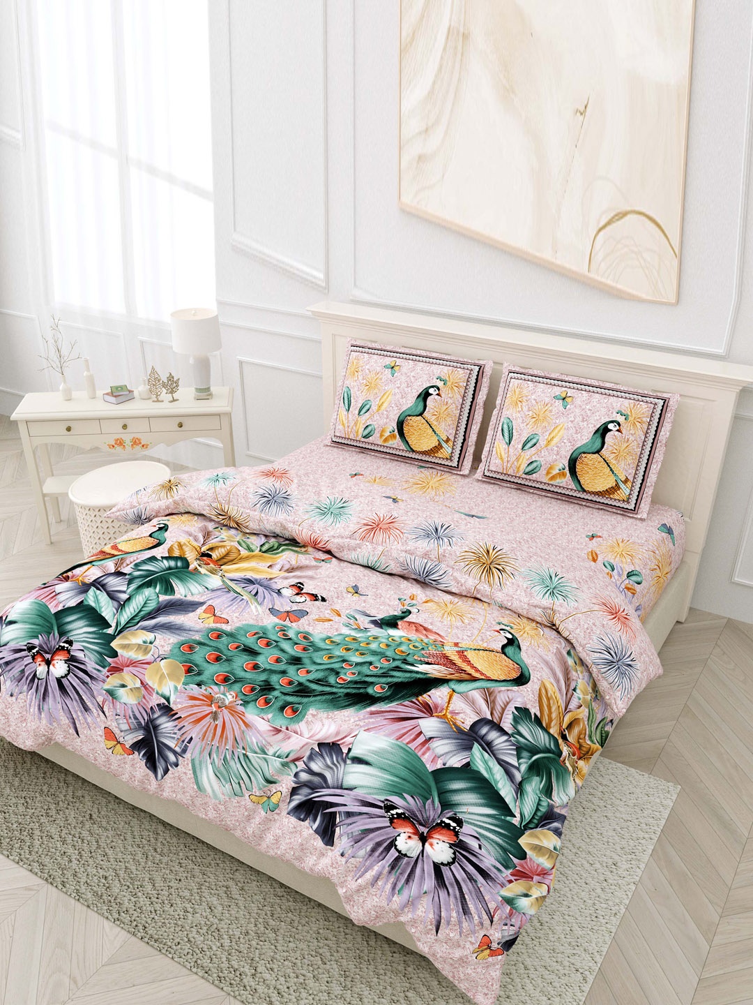 

EasyGoods Pink & Green Floral 320 TC King Bedsheet with 2 Pillow Covers