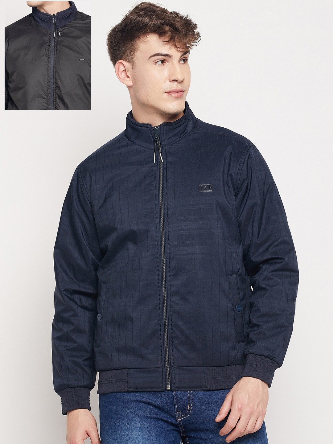 

Okane Men Navy Blue Solid Reversible Bomber Jacket