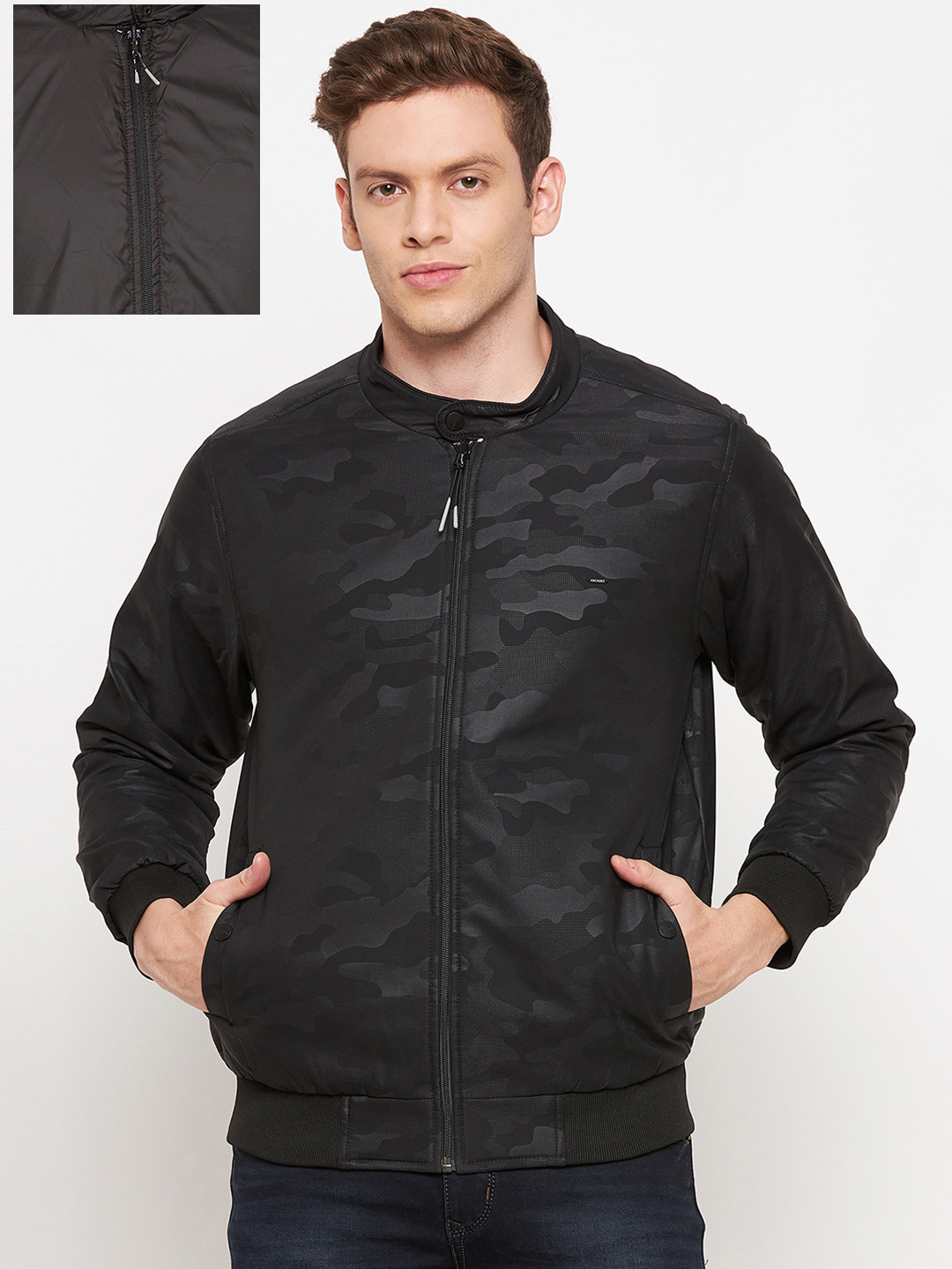 

Okane Men Black Camouflage Printed Reversible Bomber Jacket