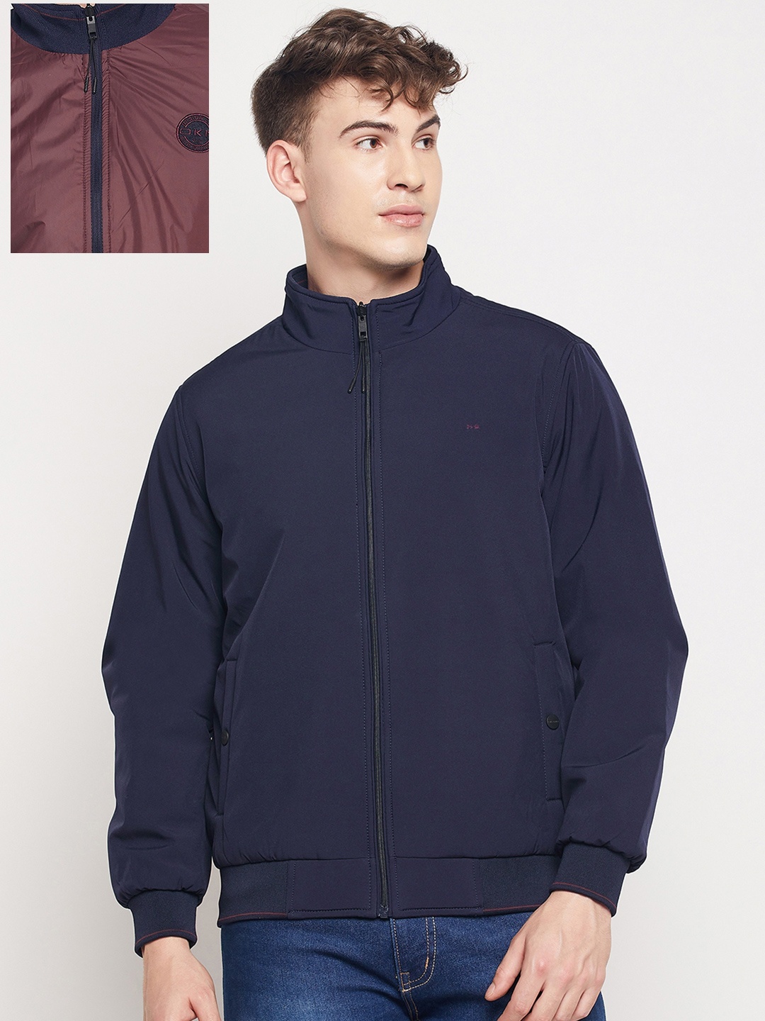 

Okane Men Navy Blue Solid Reversible Bomber Jacket