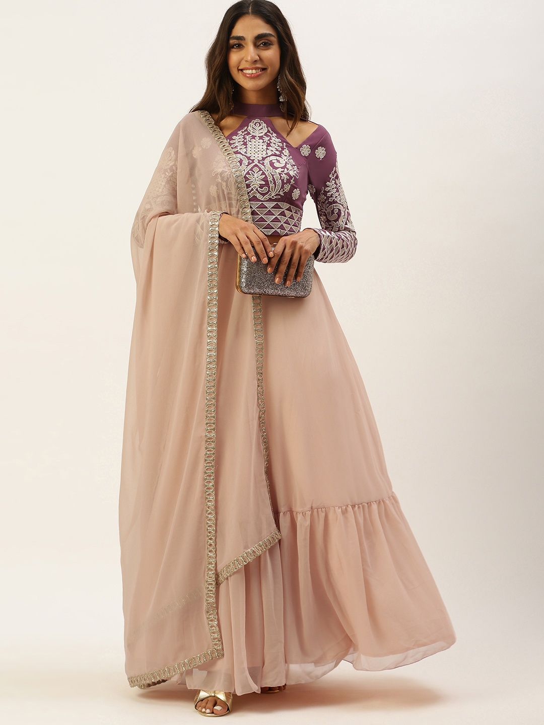 

Ethnovog Woman Embellished Ready To Wear Lehenga Blouse With Dupatta, Mauve