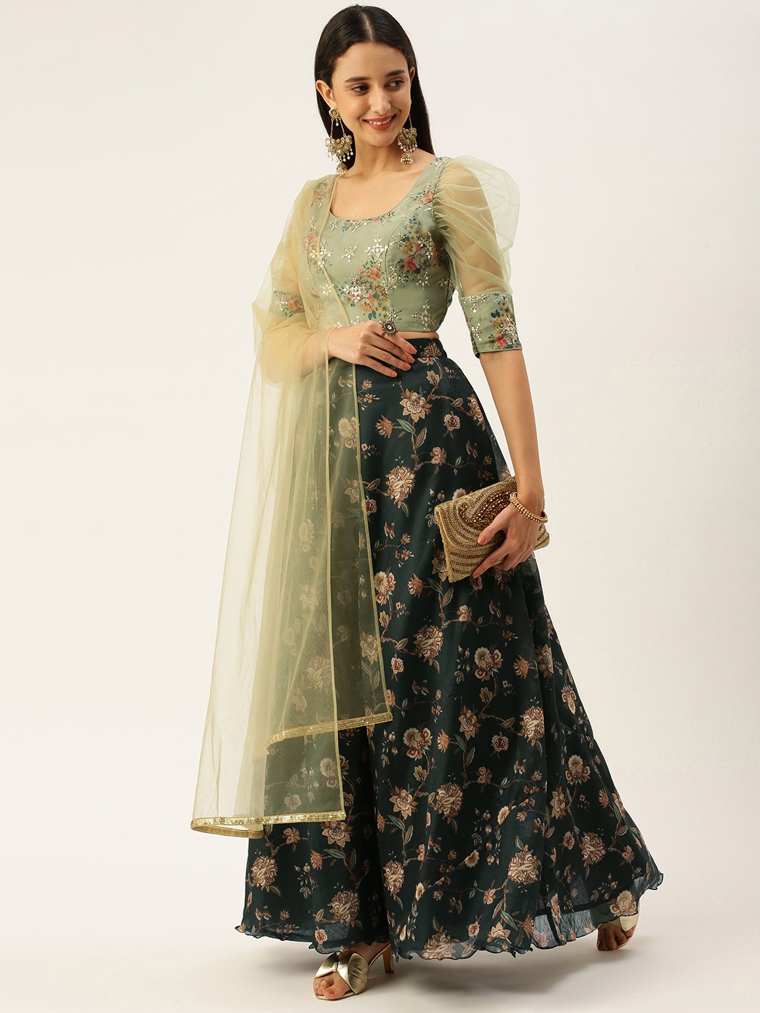 

Ethnovog Green Embroidered Sequinned Made to Measure Lehenga Blouse With Dupatta