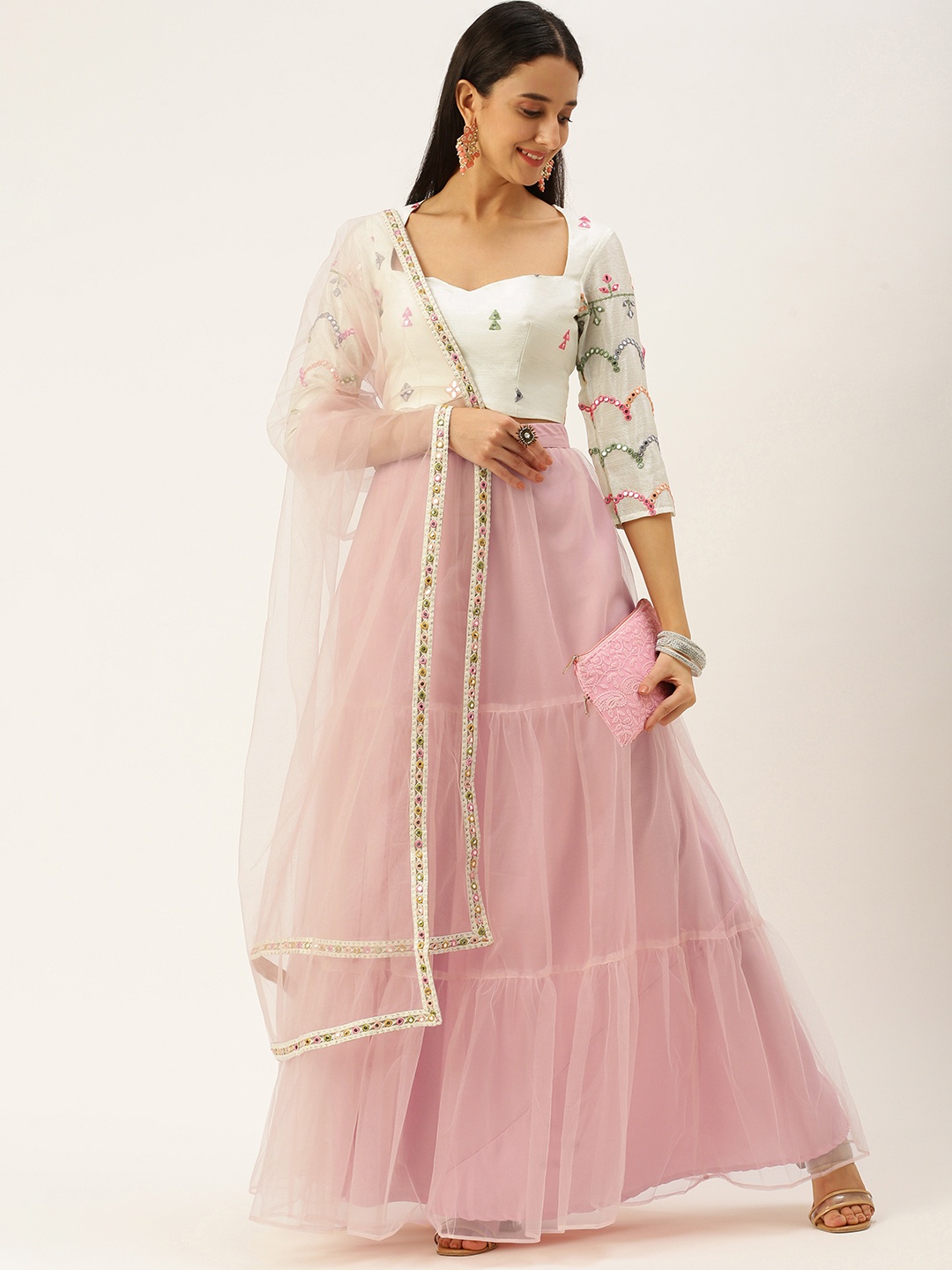 

Ethnovog Woman Embroidered Ready To Wear Lehenga Blouse With Dupatta, Cream