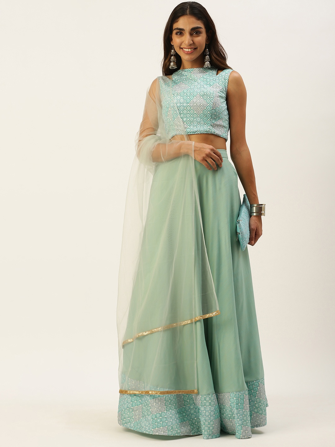 

Ethnovog Sea Green Sequinned Ready to Wear Lehenga Blouse With Dupatta