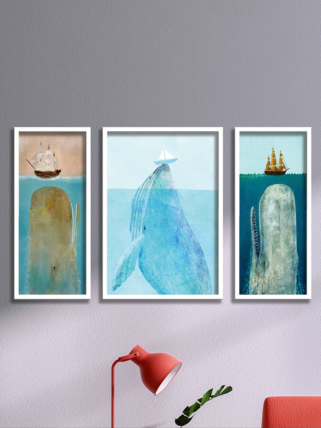 

SAF Set of 3 Blue & White Dolphin UV Textured Wall Painting Art With Frame