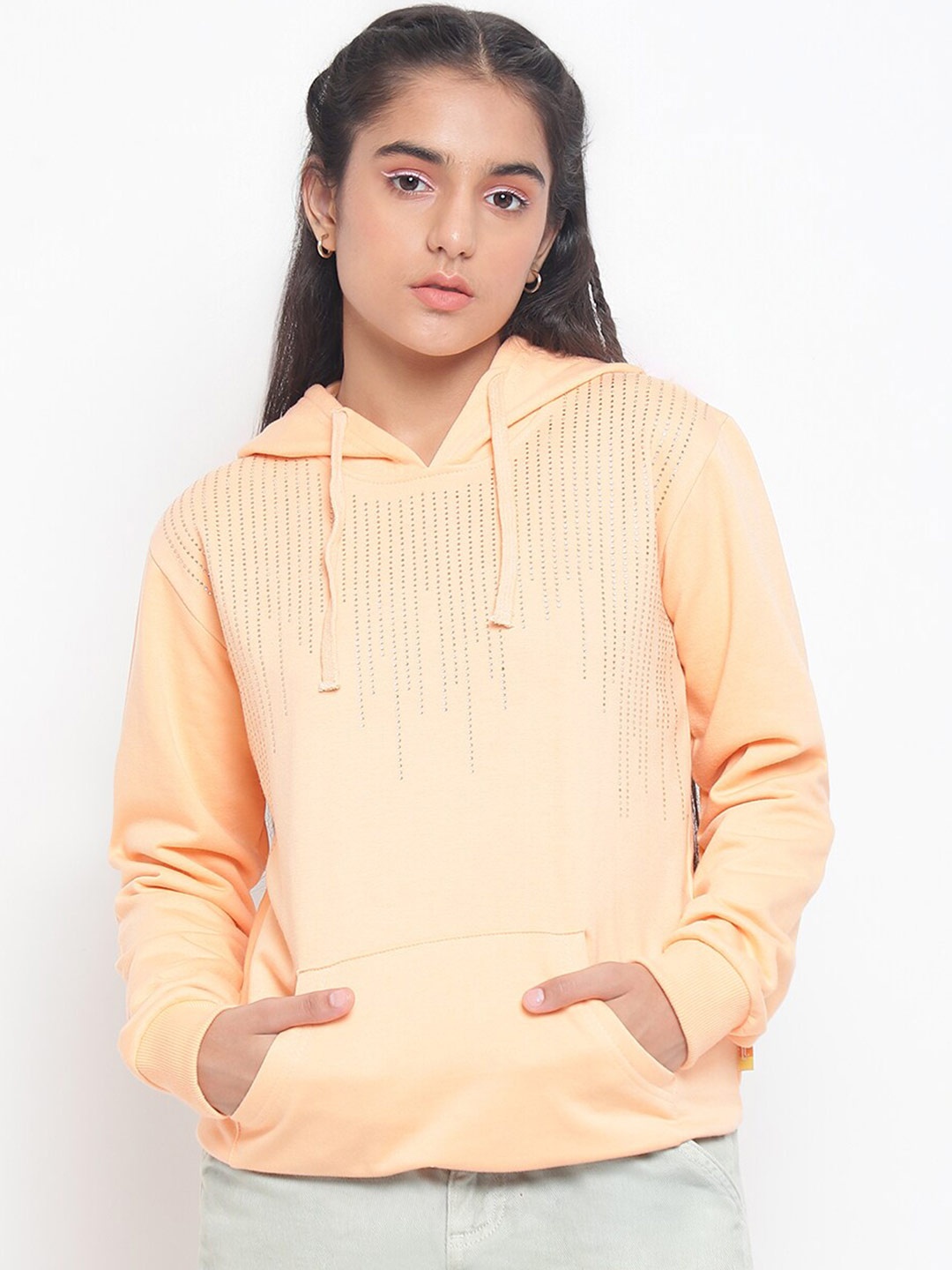 

Lil Tomatoes Girls Peach-Coloured Embellished Hooded Sweatshirt