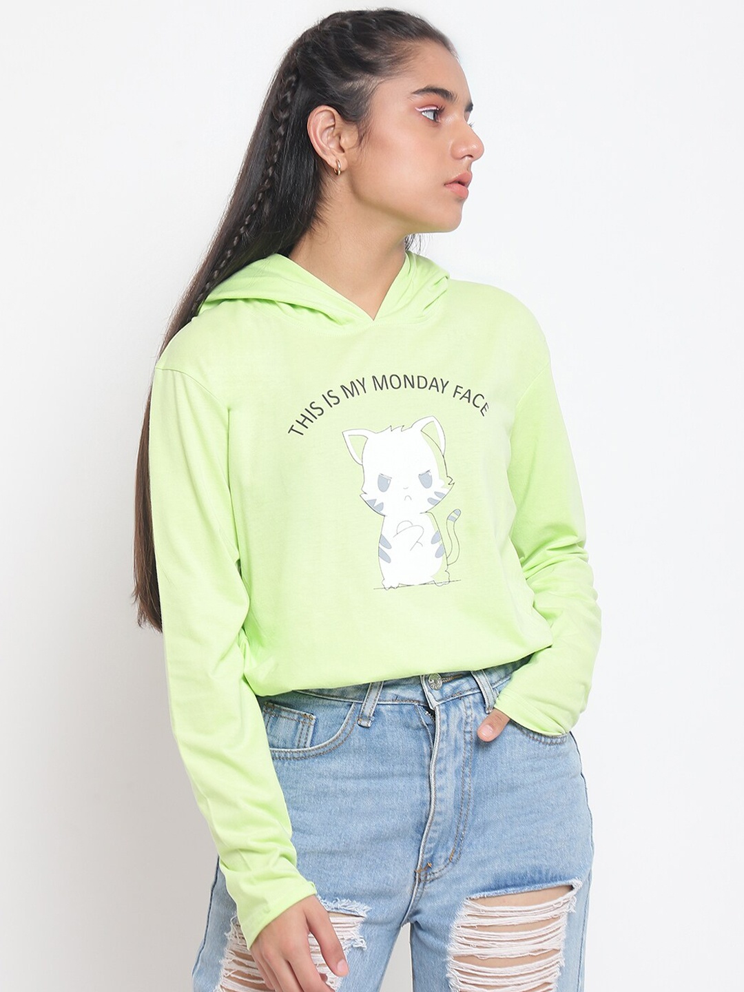 

Lil Tomatoes Girls Green & White Hooded Print Top