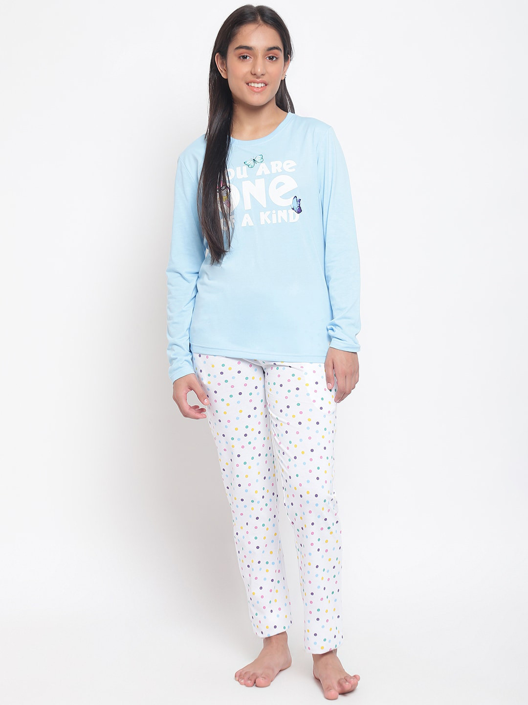 

Lil Tomatoes Girls Blue & White Printed Night suit