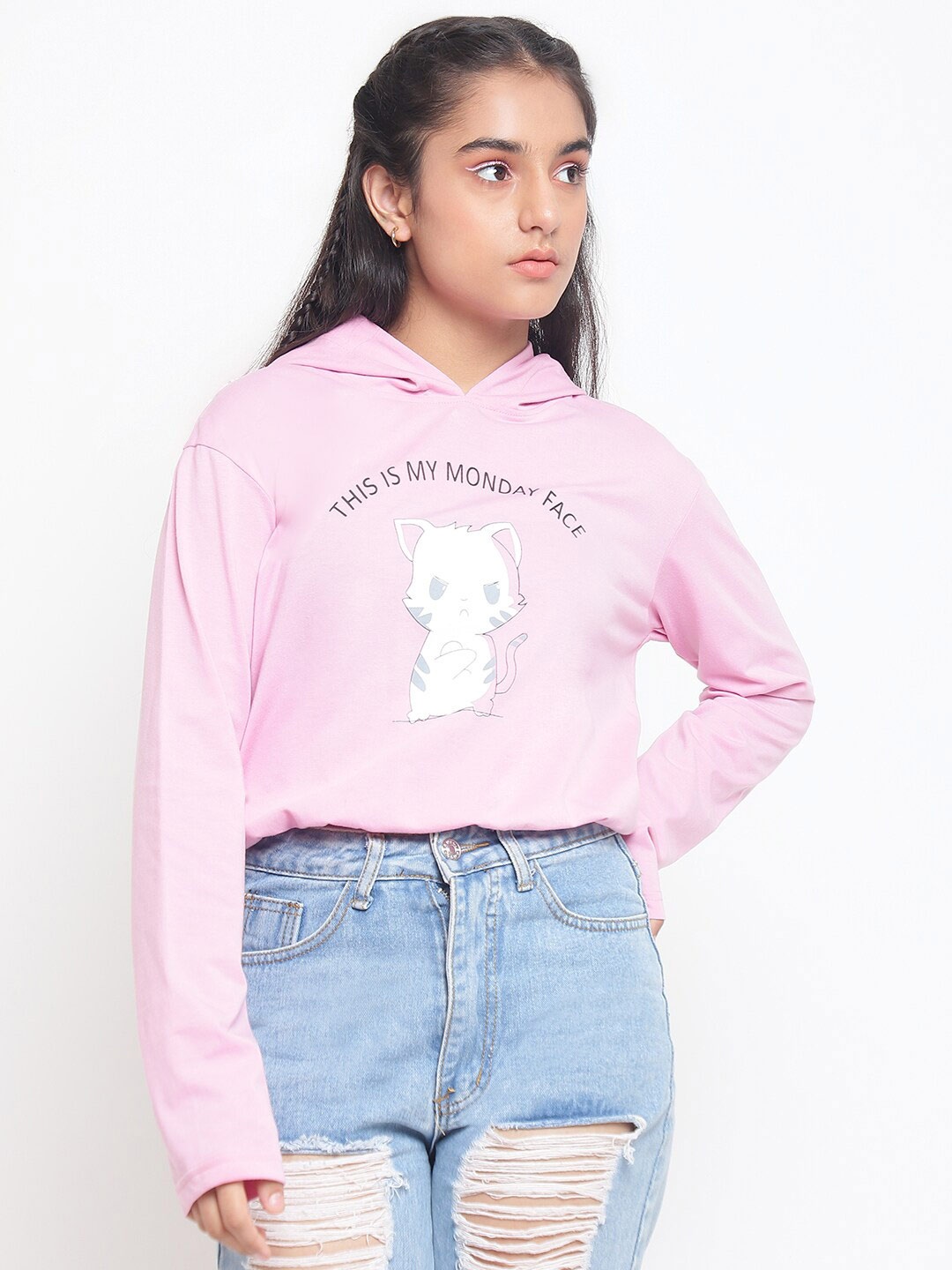 

Lil Tomatoes Girls Pink & White Print Hooded Top