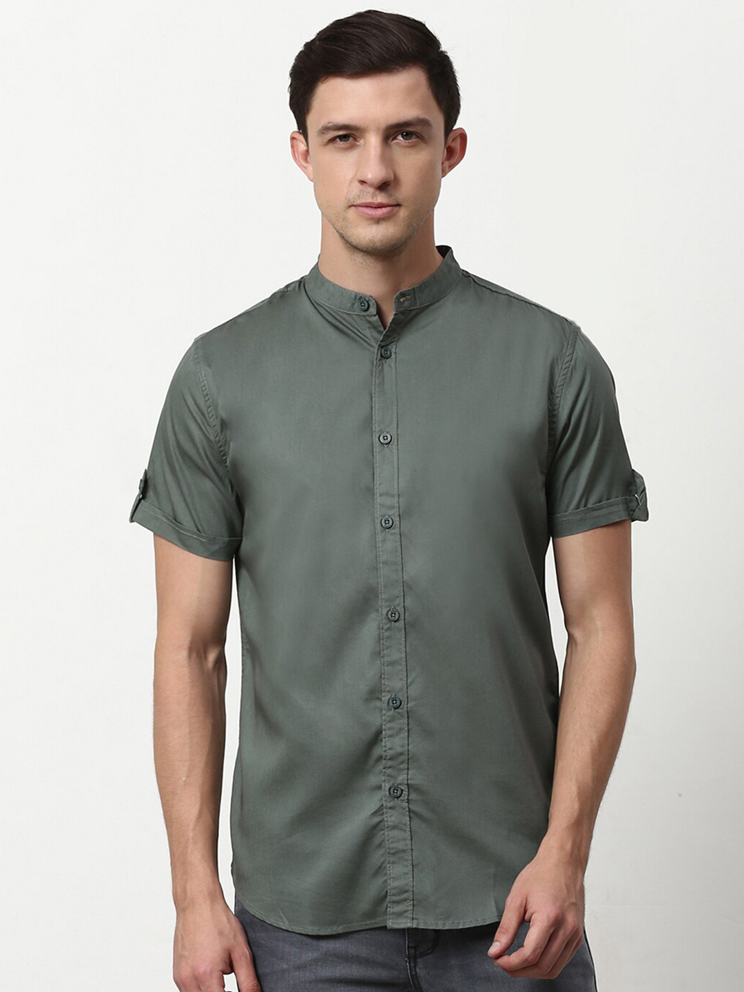 

abof Men Olive Green Solid Mandarin Collar Regular Fit Shirt