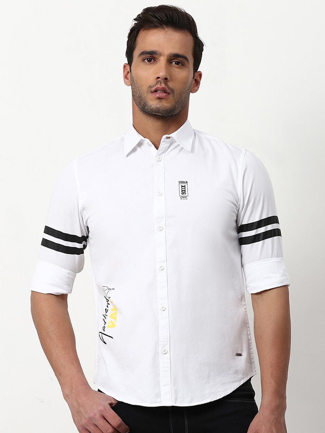 

abof Men White Horizontal Stripes Striped Cotton Casual Shirt