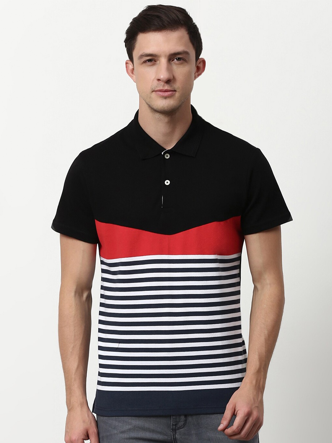 

abof Men Black & Red Striped Polo Collar Slim Fit T-shirt