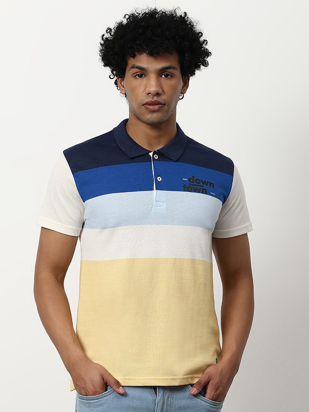 

abof Men Yellow & Blue Colourblocked Polo Collar Slim Fit T-shirt