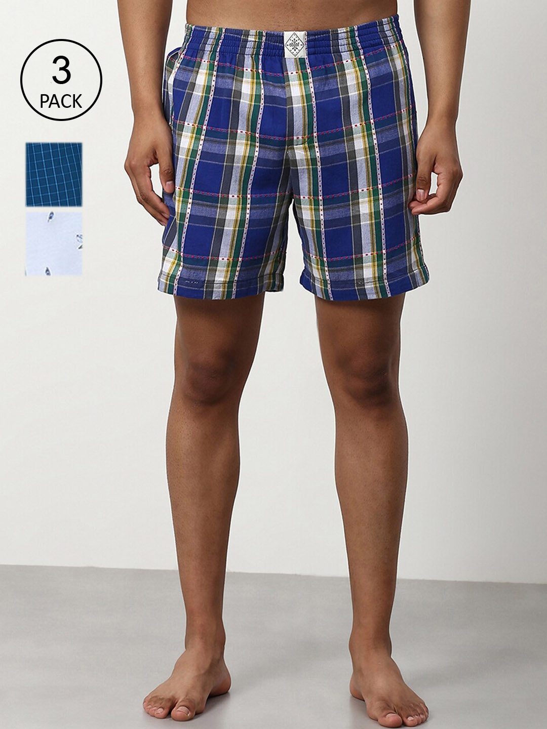 

abof Men Pack Of 3 Checked Shorts, Blue
