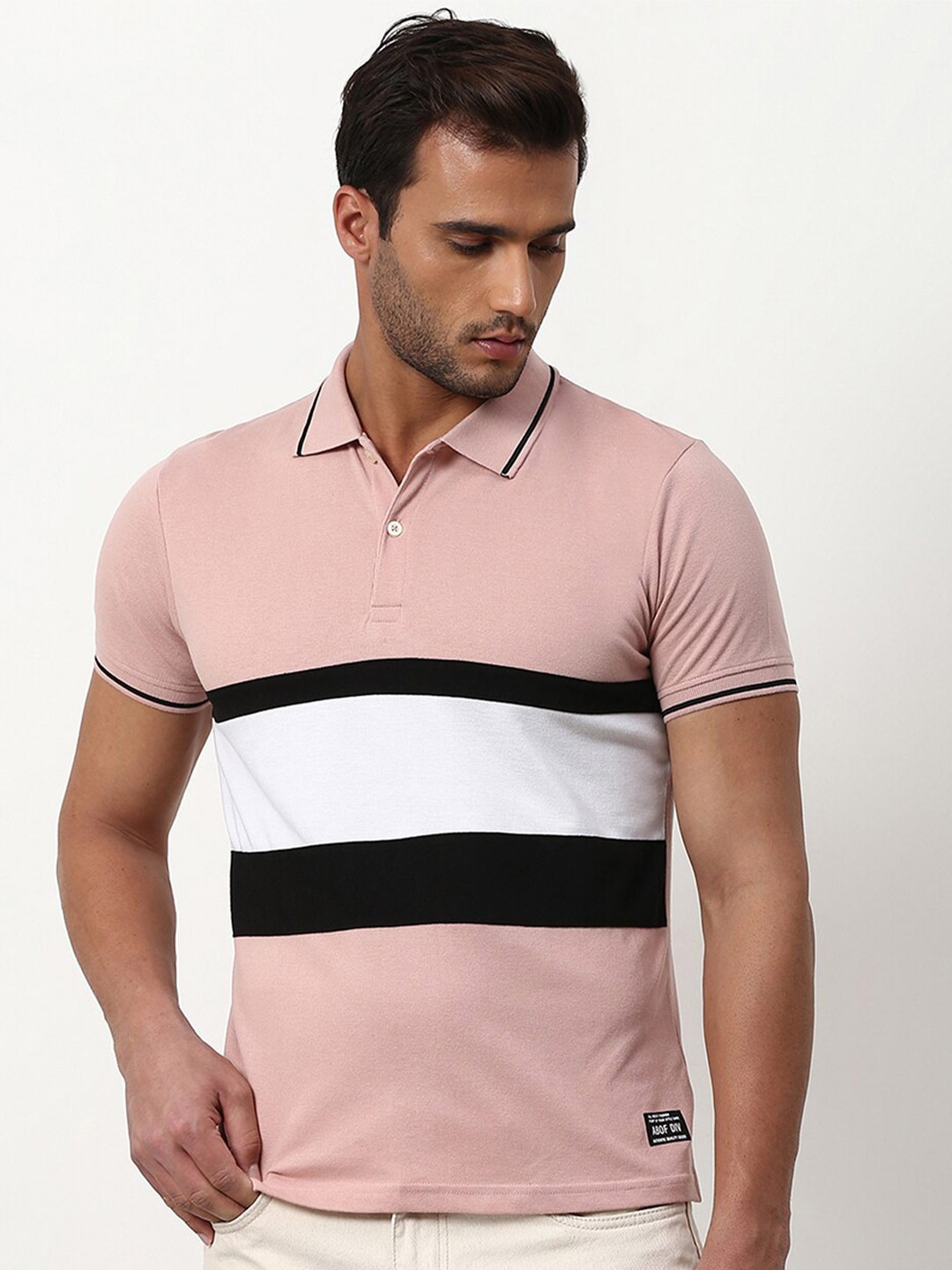 

abof Men Peach-Coloured & White Striped Polo Collar Slim Fit T-shirt