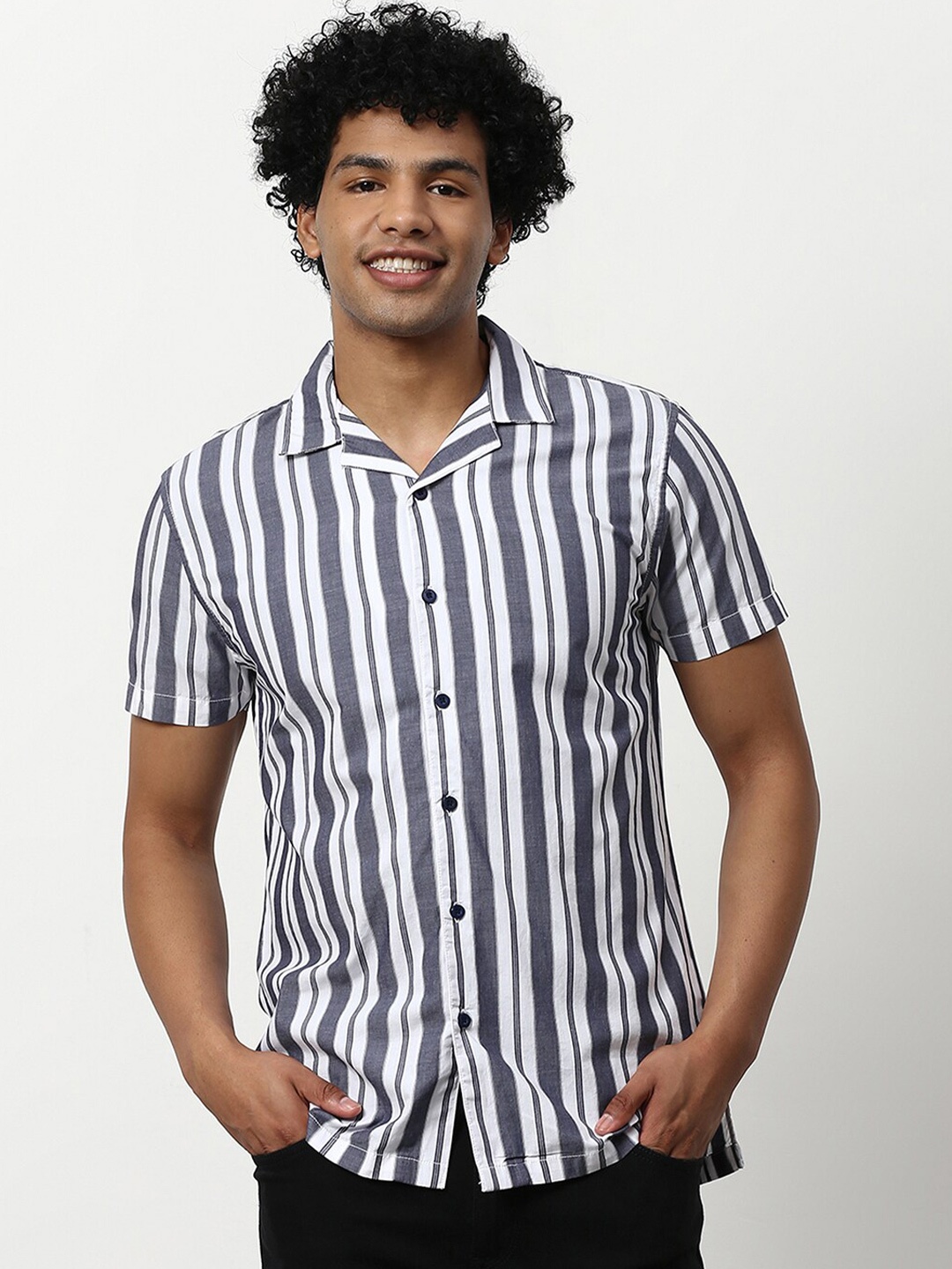 

abof Men White Striped Spread Collar Casual Shirt